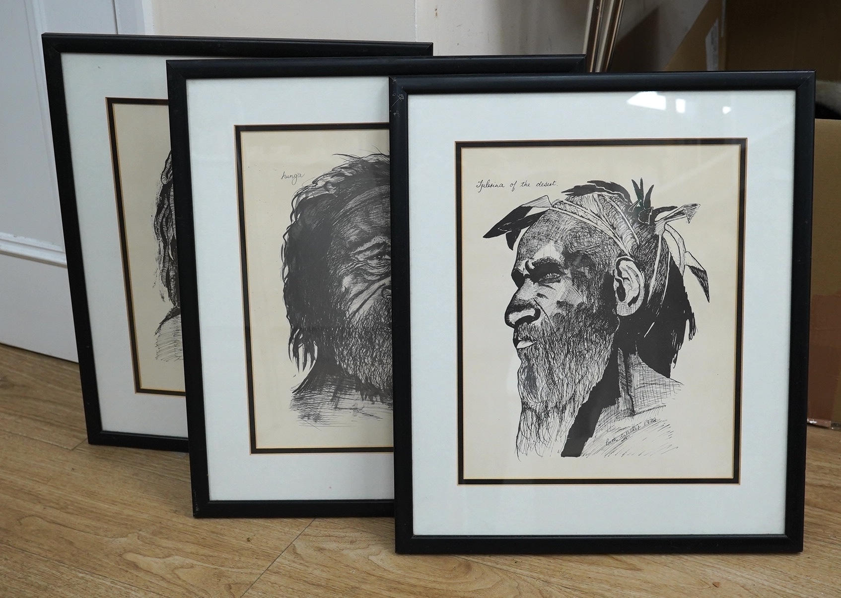 After Beth Walker, set of three prints, Portraits including ‘Hunga’ and ‘Man of the Desert Tribe’, each signed and dated, 34 x 28cm. Condition - fair, some discolouration